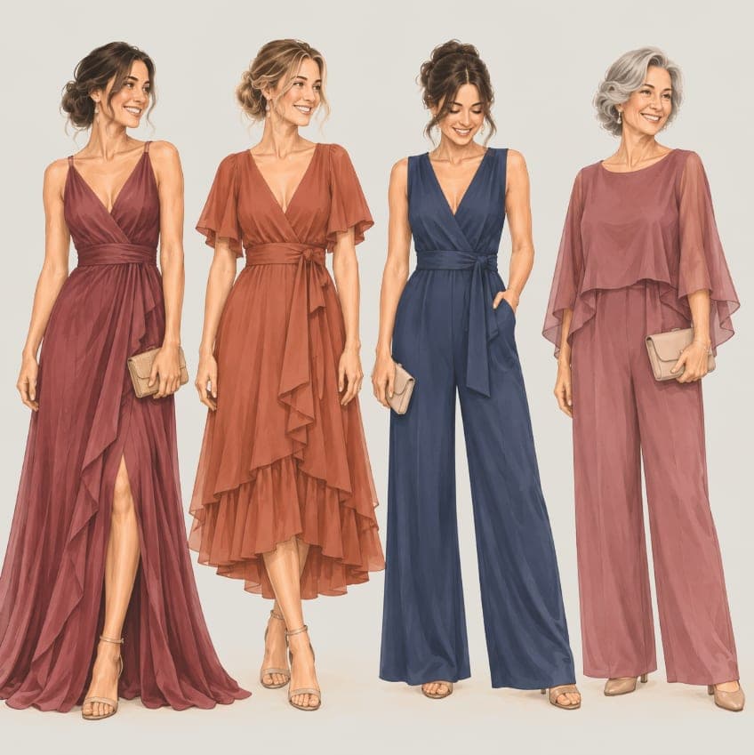 Quatro looks femininos de esporte fino: vestido longo vinho, vestido midi terracota, macacão azul-marinho e conjunto rosé